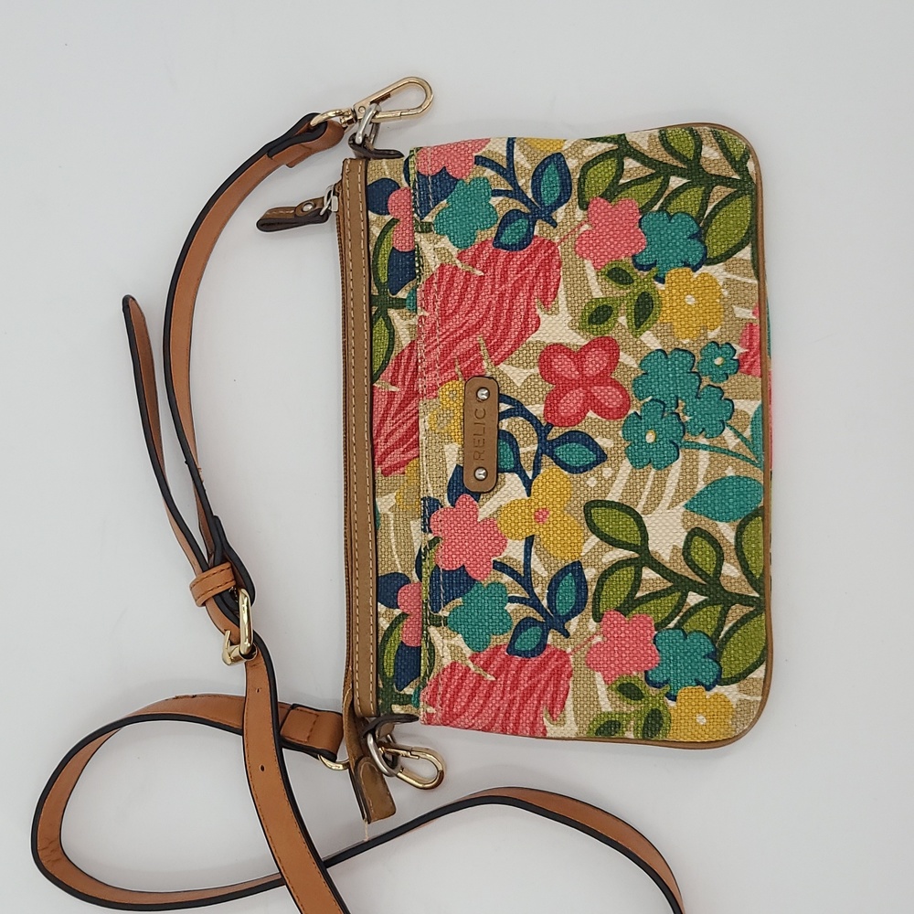 Relic tan pink turquoise gold green floral crossbody bag adjustable strap